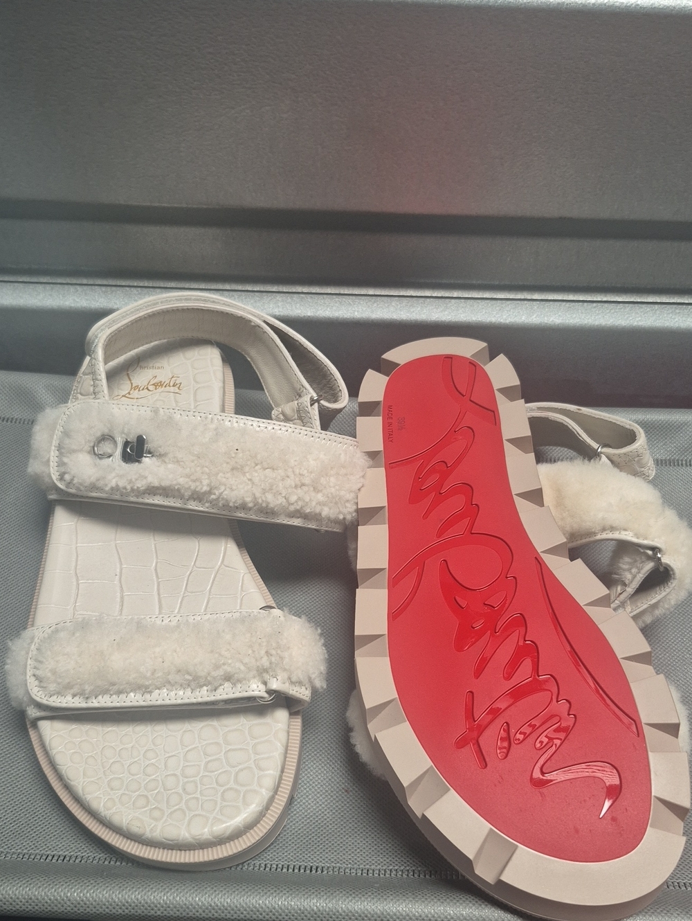 Christian Louboutin White Shearling Strap Sandals with Red Signature Sole
